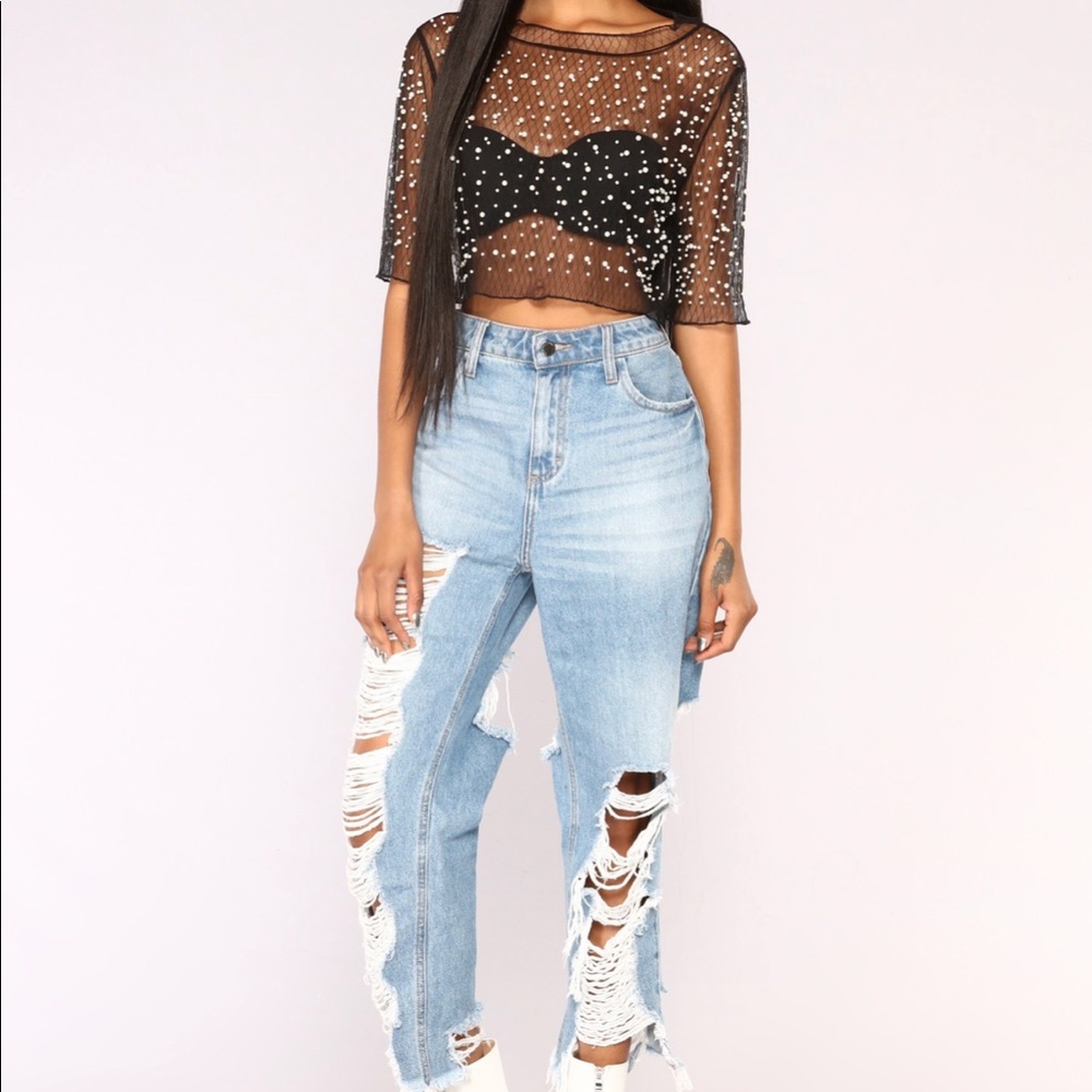 FASHION NOVA sheer crop top with pearls